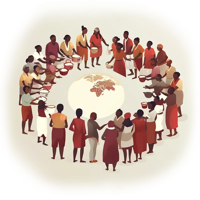 Graphic of people gathered around a well which resembles the earth